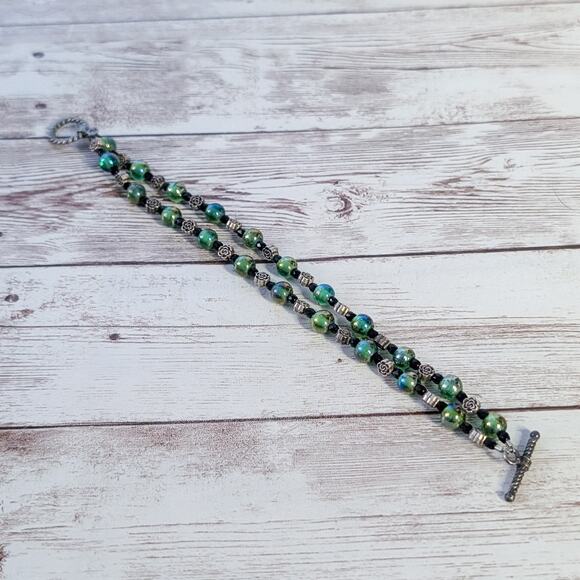 Vintage Bracelet Double Row Green Beads - Picture 5 of 7